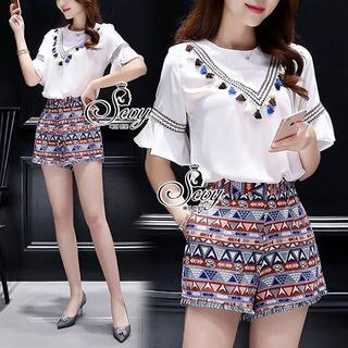 Sevy Two Pieces Of V-Tassel Blouse With Bohemian Shorts Sets