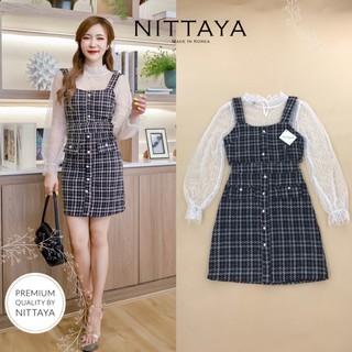 NITTAYA set 3ชิ้น เสื้อลูกไม้ซีทรูแขนยาว+เสื้อครอปสายตะเกียบผ้าทวิสลายตาราง+กระโปรงสั้นประดับกระดุมมุก