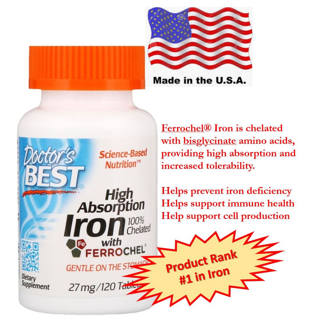 Iron, ธาตุเหล็ก Doctor's BEST, High Absorption Iron 100% Chelated 27mg. วิตามินธาตุเหล็ก ชนิดดูดซึมไ