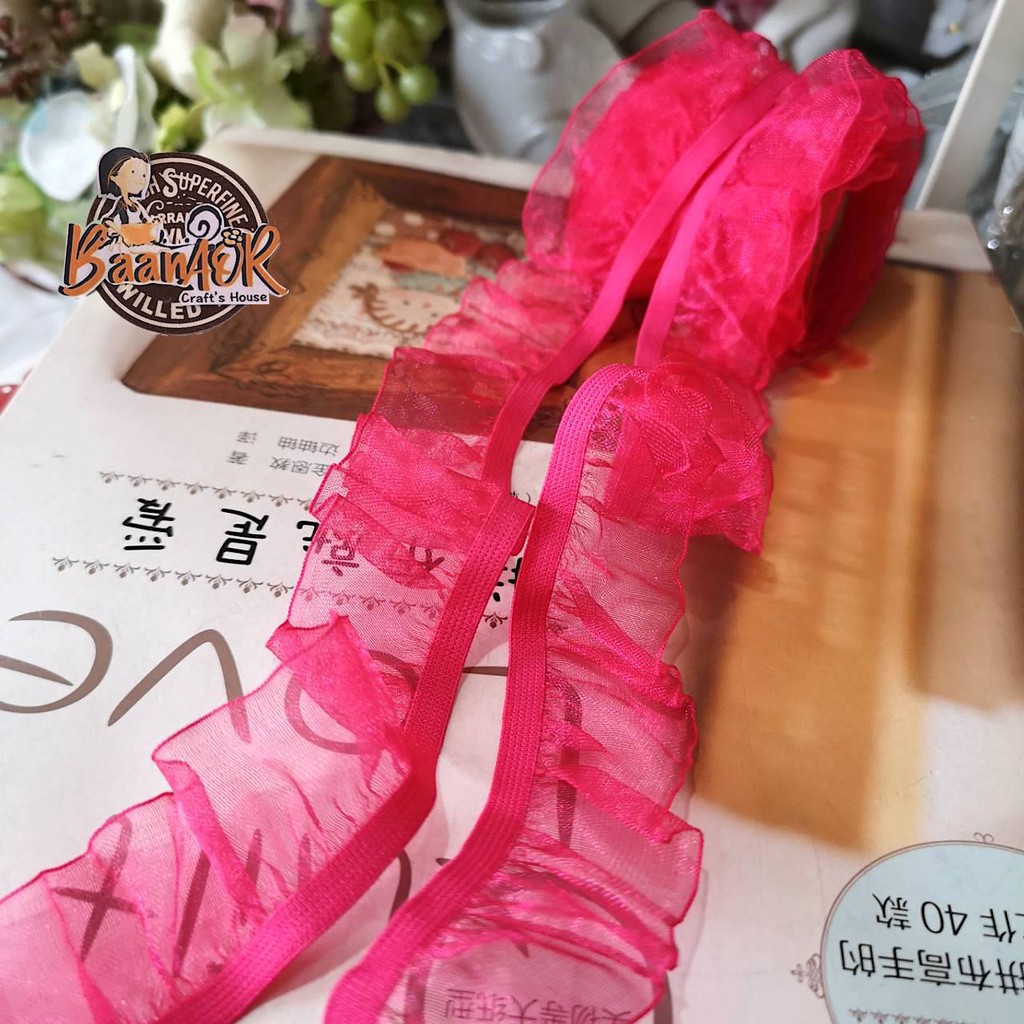 90cm ผ้าลูกไม้ ผ้าแก้ว ยืด ริมระบาย ข้างติดยางยืดเส้นเล็ก สีบานเย็น ขนาด 2.5 cm x ความยาว 90 cm