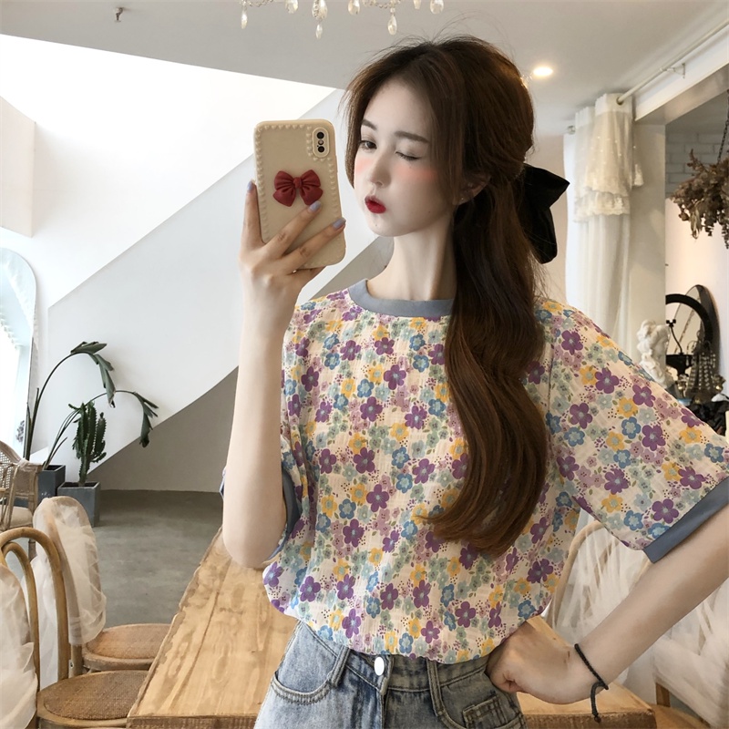 LHSunshine เสื้อวินเทจเสื้อคอกลม💥ลายดอก🌸เนื้อผ้านุ่มเด้ง เป็นมิตรกับผิว สะดวกสบาย🎉หวานแหวว ใส่แล้วผอม หวานซ่อนเปรี้ยว☀