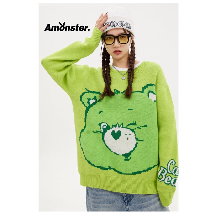 AMONSTER X Carebears print knitted sweater เสื้อกันหนาวแคร์แบร์ เสื้อสเวตเตอร์แคร์แบร์ โอเวอร์ไซส์