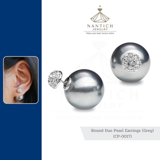 💎👩🏻‍⚕️ [เครื่องประดับ | ปลอดภัย] ต่างหู คนแพ้ง่าย : Round Duo Pearl Earrings (Grey) (CP-0017) Nantich Jewelry