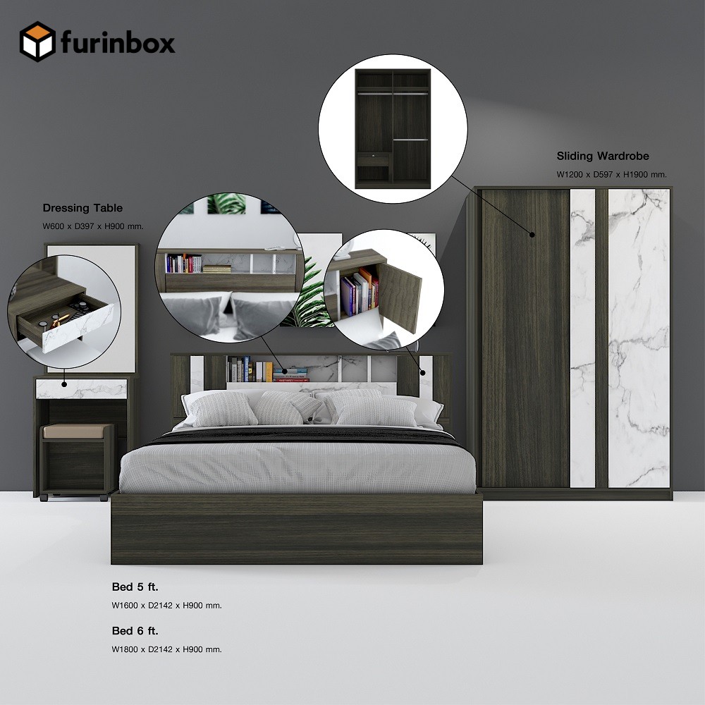 Furinbox ชุดห้องนอน รุ่น MARYDEL (3 ชิ้น/ชุด) มี 2 ขนาดให้เลือก - สี Brownie Oak/White Marble