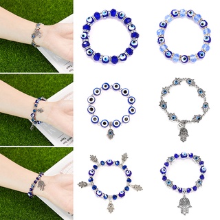 สร้อยข้อมือแฟชั่น Evil Eye Palm Lucky ประดับลูกปัดคริสตัลสีฟ้า