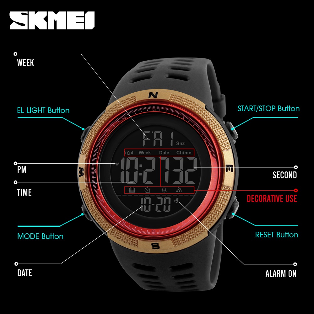 Skmei 1251 นาฬิกาข้อมือดิจิทัล กันน้ํา 50 เมตร สําหรับผู้ชาย