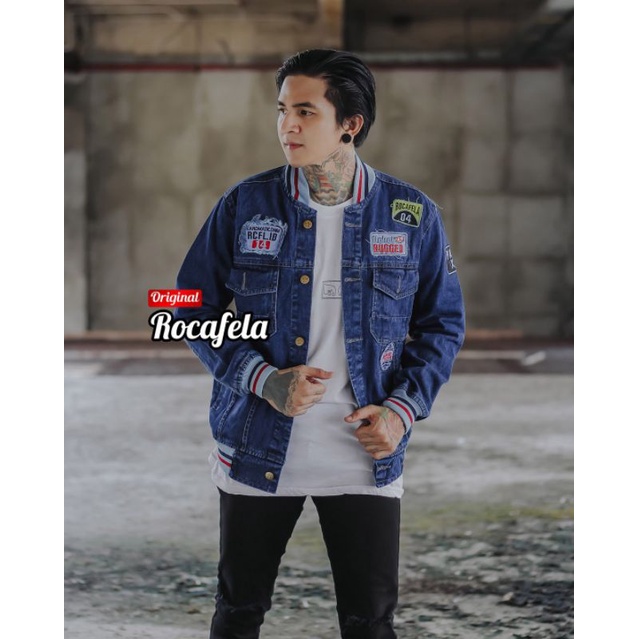 ผู้ชายกางเกงยีนส์เสื้อแจ็คเก็ต COOL EMBROIDERED BOMBER JACKET ROCAFELA MENS DENIM JACKET BASEBALL JA