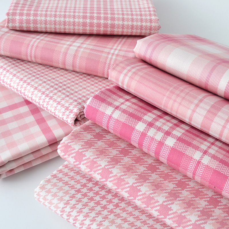 ผ้าฝ้ายแท้ผ้าทําด้วยมือเสื้อผ้าในครัวเรือนผ้าปูที่นอน houndstooth ผ้าตารางสีชมพู 50x145 ซม.