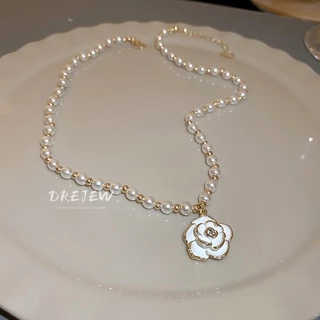 DREJEW สร้อยคอโซ่ทอง 18K จี้ไข่มุก ดอกไม้ ประดับเพชร สไตล์ฝรั่งเศส หรูหรา