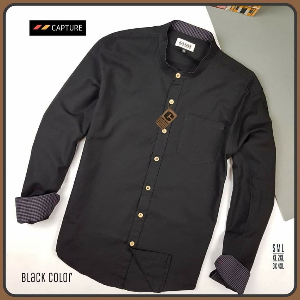 เสื้อเชิ้ตแขนยาว คอจีน ผ้า Oxford สีดำ มีไซส์ S-4XL