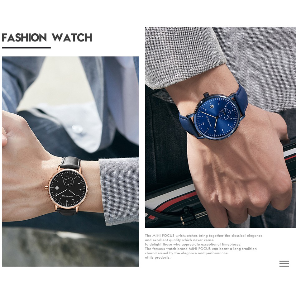 Mini FOCUS MF0303 นาฬิกาข้อมือควอตซ์แฟชั่น สายหนัง กันน้ํา แบบบางพิเศษ สําหรับบุรุษ