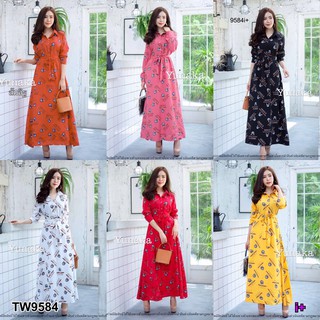 MaxiDress เดรสเชิ้ตยาวช่วงเสื้อเชิ้ตแขนยาวกระดุมผ่าหน้า งานเอวสม้อคยางยืดเก็บทรงสวยมีสายผูกเอว