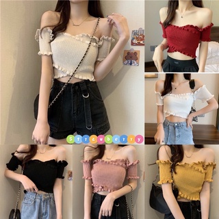 🍓พร้อมส่ง🍓เสื้อปาดไหล่ เสื้อเปิดไหล่ สม็อกไขว้หน้า งานสวยผ้า ใส่นุ่มสบายไม่คัน เสื้อไหมพรมปาดไหล่