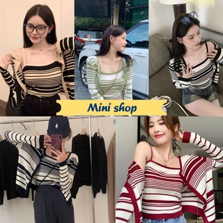 Mini shop🌸พร้อมส่ง🌸(6A79+6A79-1) เสื้อคลุมไหมพรม+สายเดี่ยวไหมพรม ดีเทลลายทางพื้นๆน่ารัก