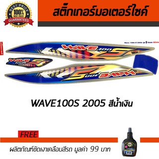 สติ๊กเกอร์ติดรถ สติ๊กเกอร์มอไซค์ สติ๊กเกอร์แต่งรถ Honda Wave100S 2005 สีน้ำเงิน-เทา ลายจุด ฟรี!!น้ำยาเคลือบเงา