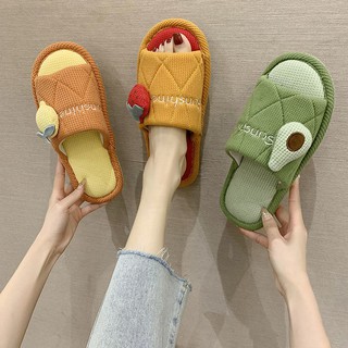 Home slippers รองเท้าแตะผ้าฝ้ายลินินของใช้ในครัวเรือนการ์ตูนหวานผ้ารองเท้าแตะพื้น