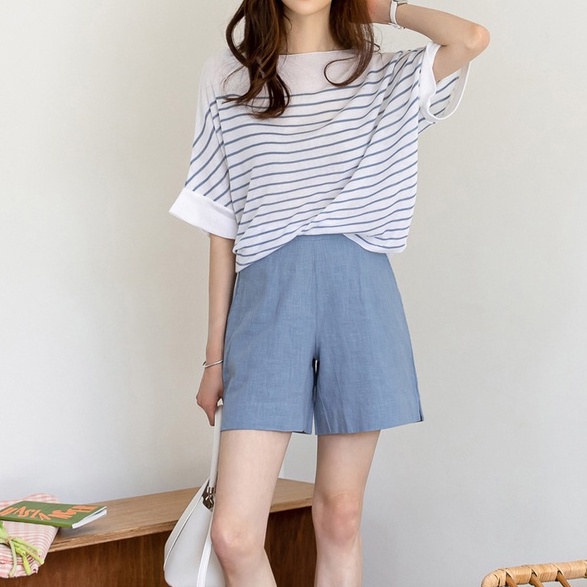 LHSunday ✨เสื้อยืดแฟชั่นคอกลมแขนสามส่วน ลายทางสลับสี สีพื้นมีให้เลือกถึง 4 สี 🌈  ลุคสาวเกาหลี อย่าพลาดกันน้าา😍🛍️🔥 - รูปที่ 7