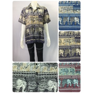 เสื้อ Hawai,ชุดนอน, ผ้าสปัน,ผ้าแมมเบิร์ต,ผ้าเรยอน / ช้างใหญ่+ลายเส้นครีม