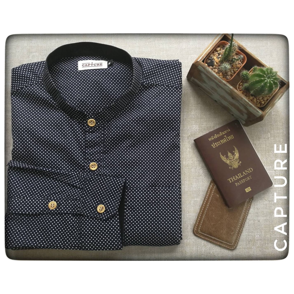 เสื้อเชิ้ตแขนยาว คอจีน ผ้า Cotton100% ลายจุดไข่ปลา สีดำ มีถึงไซส์ 4XL
