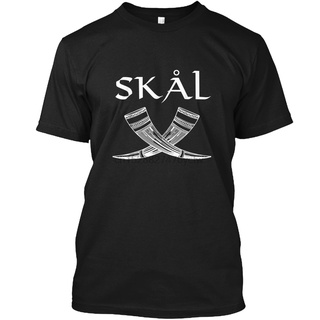 เสื้อยืดผ้าฝ้ายพิมพ์ลายแฟชั่น เสื้อยืด พิมพ์ลาย Skal Skol Cheers Viking Drinking Horn Be สไตล์คลาสสิก สําหรับผู้ชาย