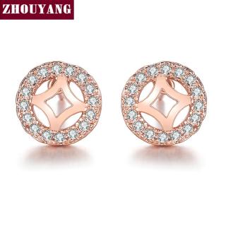 Zhouyang(โจวหยาง) ต่างหูแบบติดหูสำหรับผู้หญิง Elegant กลวง ออก Cubic Zirconia เครื่องประดับ กุหลาบทอง พรรคสีแฟชั่นของขวัญวันเกิด E198