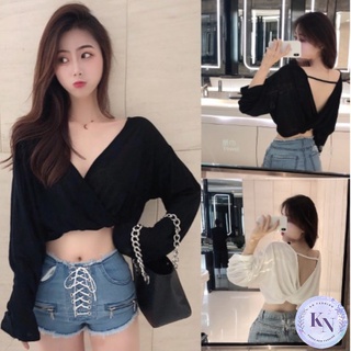 🎏Korea NEW เสื้อครอป แขนยาว แฟชั่นคอวี