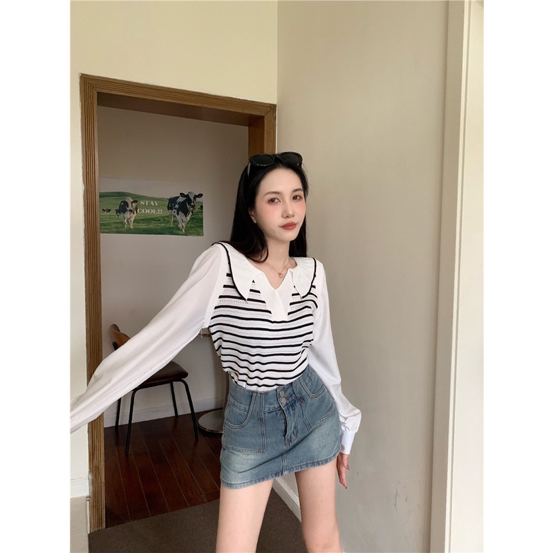 Elves✨พร้อมส่ง✨ เสื้อไหมพรมคอปกแขนยาวชีฟอง ดีเทลลายทางน่ารักคิ้วมาก ~50055-1~