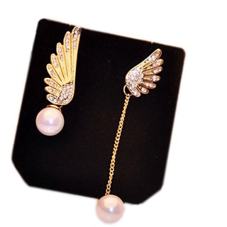 Elegant Angel Wings Rhinestones simulated Pearl Dangle Asymmetric Earrings