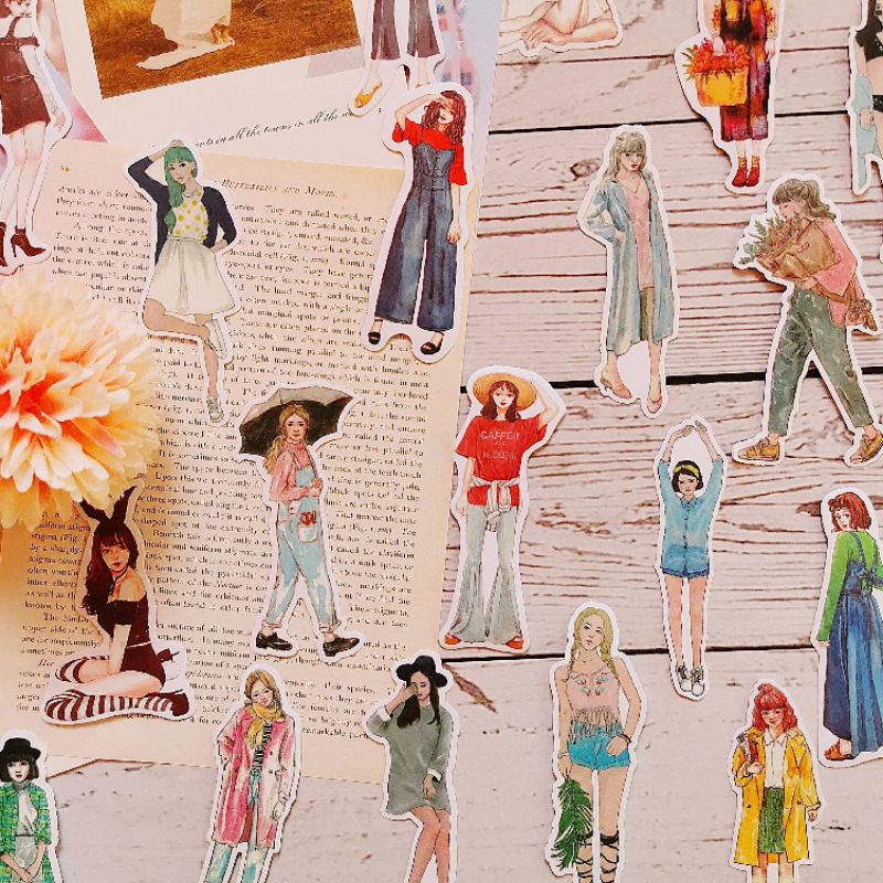 พร้อมส่ง Sticker ไดคัทผู้หญิงน่ารัก สไตล์เกาหลี เนื้อกระดาษสำหรับแปะตก ...