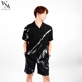 เสื้อเชิ้ตฮาวายแขนสั้น ผ้าไหมอิตาลี 100% (สีดำ) : Hawaii Black Marble Shirt  (Short-sleeved)