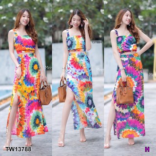 TwinsShopVip💗พร้อมส่ง TW13788 Set เสื้อสายเดี่ยวจั๊มเอว+กระโปรงผ่าข้าง ลายมัดย้อม