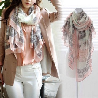 P86B ผ้าคลุมไหล่ ลายกราฟฟิก สีขาว scarf chiffon-WHITE