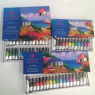 สีอะคริลิค แบบหลอด เอสที ST Acrylic Colour กล่อง 12, 18, 25 สี กันน้ำ ชุดสีอะคริลิค