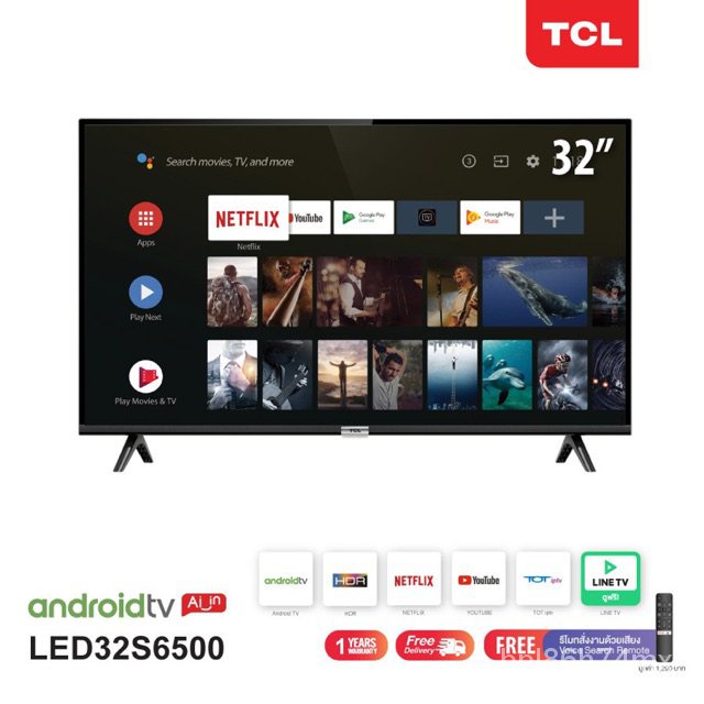 TCL ทีวี 32 นิ้ว Smart Android TV HD Wifi/Youtube/Nexflix + Free Voice Search remote (รุ่น LED32S6500)
