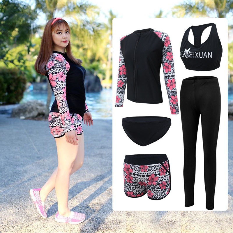 ชุดว่ายน้ำสาวอวบ โทนสีดำ ลายดอกชมพู เซ็ต 5 ชิ้น บรา เสื้อแขนยาว กางเกงขาสั้น กางเกงขายาว ผ้าดี ยืดหยุ่นดีมาก (4XL-5XL)