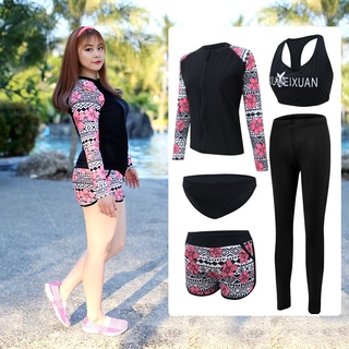 ชุดว่ายน้ำสาวอวบ โทนสีดำ ลายดอกชมพู เซ็ต 5 ชิ้น บรา  เสื้อแขนยาว กางเกงขาสั้น กางเกงขายาว ผ้าดี ยืดหยุ่นดีมาก (4XL-5XL)