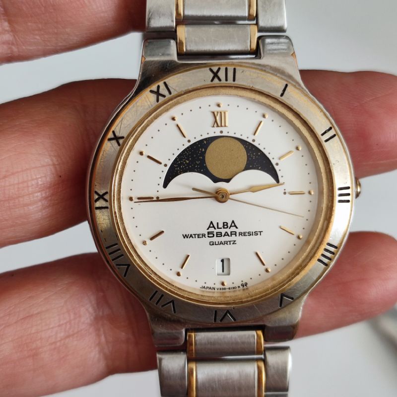 นาฬิกา Vintage Alba JAPAN ของแท้ หน้าพระจันทร์ ระบบ quartz มือสอง สภาพสวย