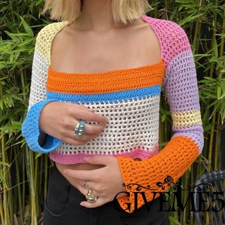 GIVEME-Women Crochet Knit Crop Tops, Long Sleeve Color Block Hollow Out Regular Fit T-Shirts