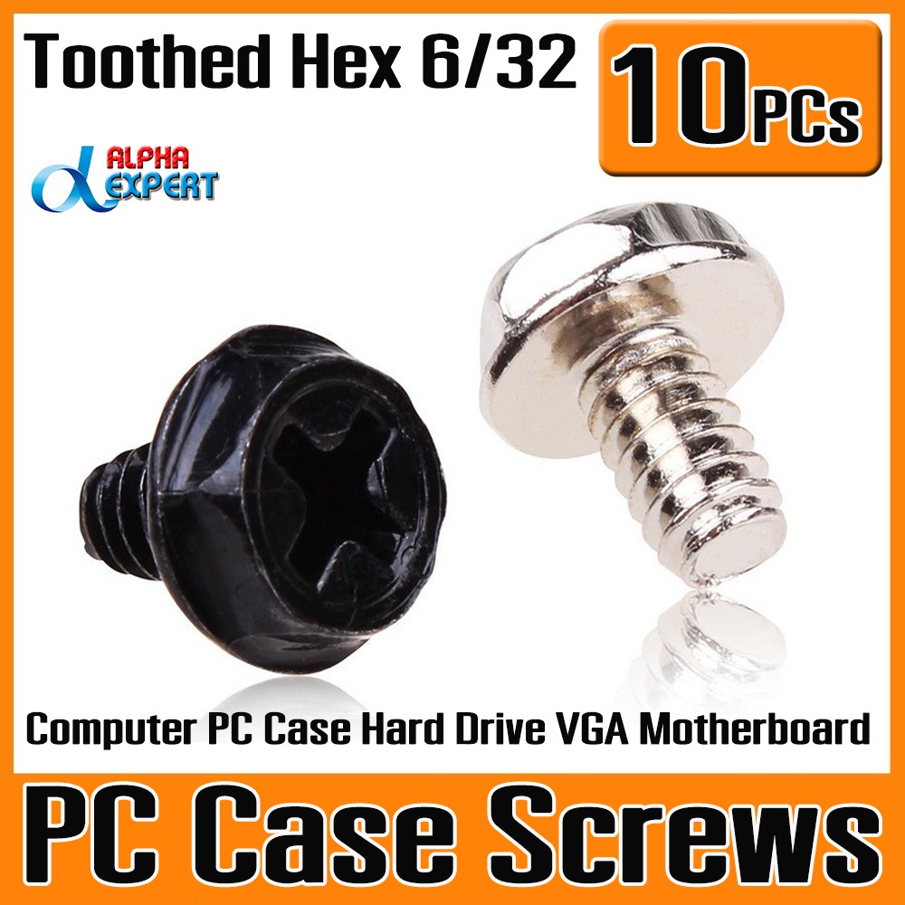น็อตคอมพิวเตอร์ 10PCs Toothed Hex 6/32 Computer PC Case Hard Drive VGA Motherboard Mounting Screws 10X6mm(Black,Silve)