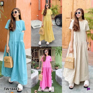Maxi Dress เดรสยาว ทรงปล่อย แขนสั้นแต่งกระเป๋าหน้า ชายกระโปรงระบาย เนื้อผ้าลินินนิ่มใส่สบาย