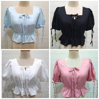 เสื้อครอป เสื้อครอปหญิง เสื้อครอปแฟชั่น เสื้อครอปแขนตุ๊กตา มีโบว์หน้า แต่งโบว์แขนน่ารักๆ สีพาสเทล