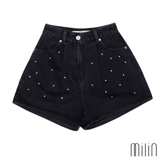 [MILIN] Pumpkin Shorts High waisted denim shorts with crystal embellishments กางเกงยีนส์ทรงเอจับจีบแต่งคริสตัล Soft BK