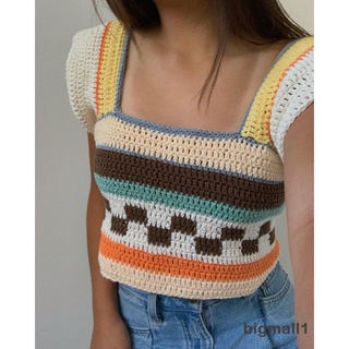 BIGMALL-y2k Women Knit Vest Sleeveless Square Neck Contrast Color Slim Fit Tank Tops Streetwear
