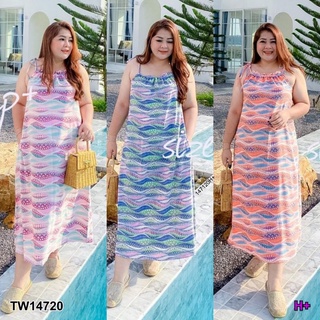 👗Pfashion [ส่งไว!!🚛] P14720 เดรสยาว #BigSize สายเดี่ยวผูกไหล่ลายคลื่น