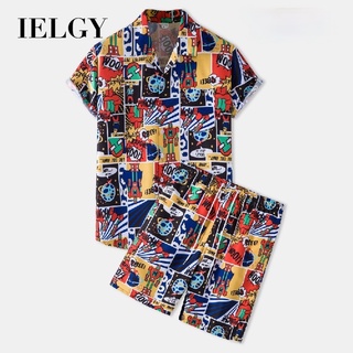 IELGY เสื้อเชิ้ต พิมพ์ลาย + กางเกงชายหาด ลําลอง สําหรับผู้ชาย