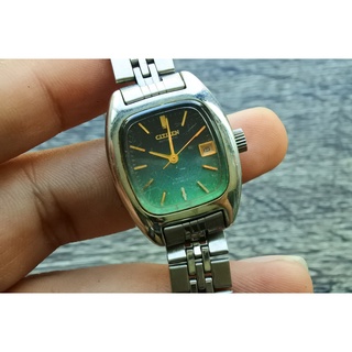 นาฬิกา Vintage มือสองญี่ปุ่น CITIZEN UFO 21J ระบบ AUTOMATIC ผู้หญิง ทรงสี่เหลี่ยม กรอบเงิน หน้าเขียว หน้าปัด 27mm