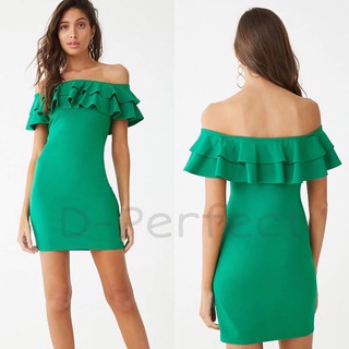 F21  Off-the-Shoulder Flounce Mini Dress  เดรสเปิดไหล่สีเขียว แต่งระบาย เนื้อผ้าเรย่อน ผ้ายืดหยุ่นเข้ารูป