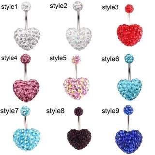 MELEN Heart Belly Bar Dangly Bar ปุ่ม Multi Crystal Body Piercing