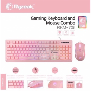 Razeak Gaming Keyboard + Mouse มีไฟ RGB คีย์บอร์ดเกมส์พร้อมเมาส์ สีชมพู รุ่นRKM-705