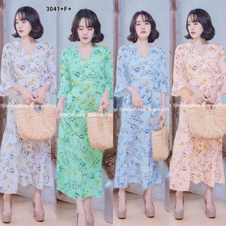 SS3041 Maxi Dress แม๊กซี่เดรสตัวยาว แขนระบาย คอวีไขว้ ลายดอก